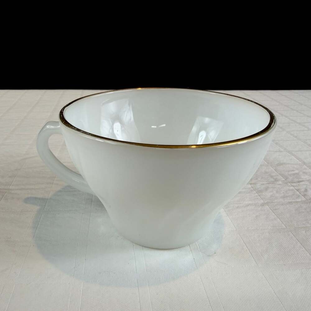 Vintage Anchor Hocking Suburbia Coffee Tea Cup Milk Glass Swirl Gold Trim MCM